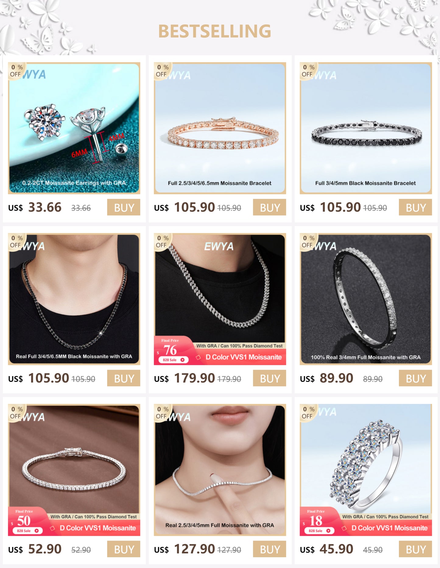 EWYA Real 5-Stone 2.2cttw Full D Color Moissanite Ring for Women Girls S925 Silver Plated 18K Pass Diamond Test Rings Band Gift