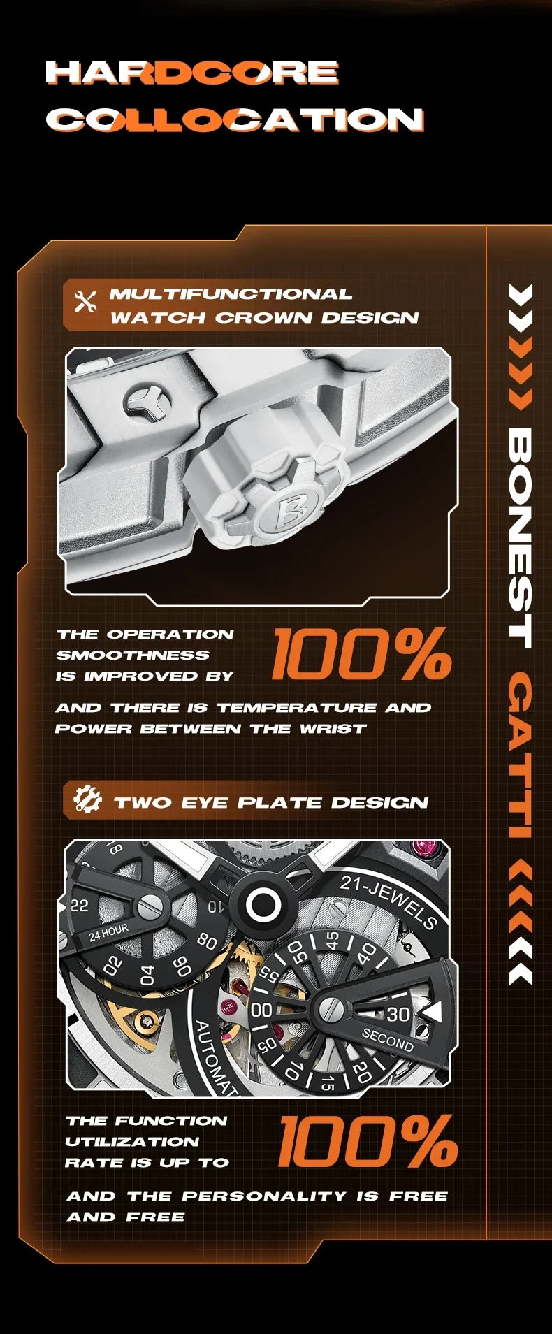 BONEST GATTI Men Automatic Movement Mechanical Watch Carbon Fiber Bezel Tonneau Luminous Case Fluororubber Strap Watches For Men