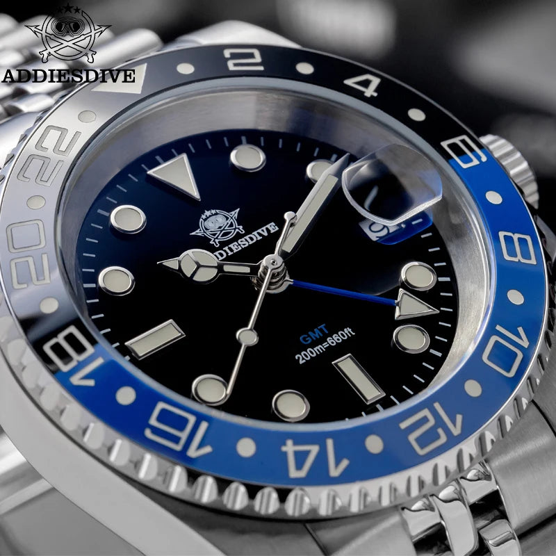 ADDIESDIVE AD2050 Men GMT Watch Swiss Ronda 515-24 BGW9 Super Luminous 20Bar Waterproof reloj 316L Stainless Steel Quartz Watch
