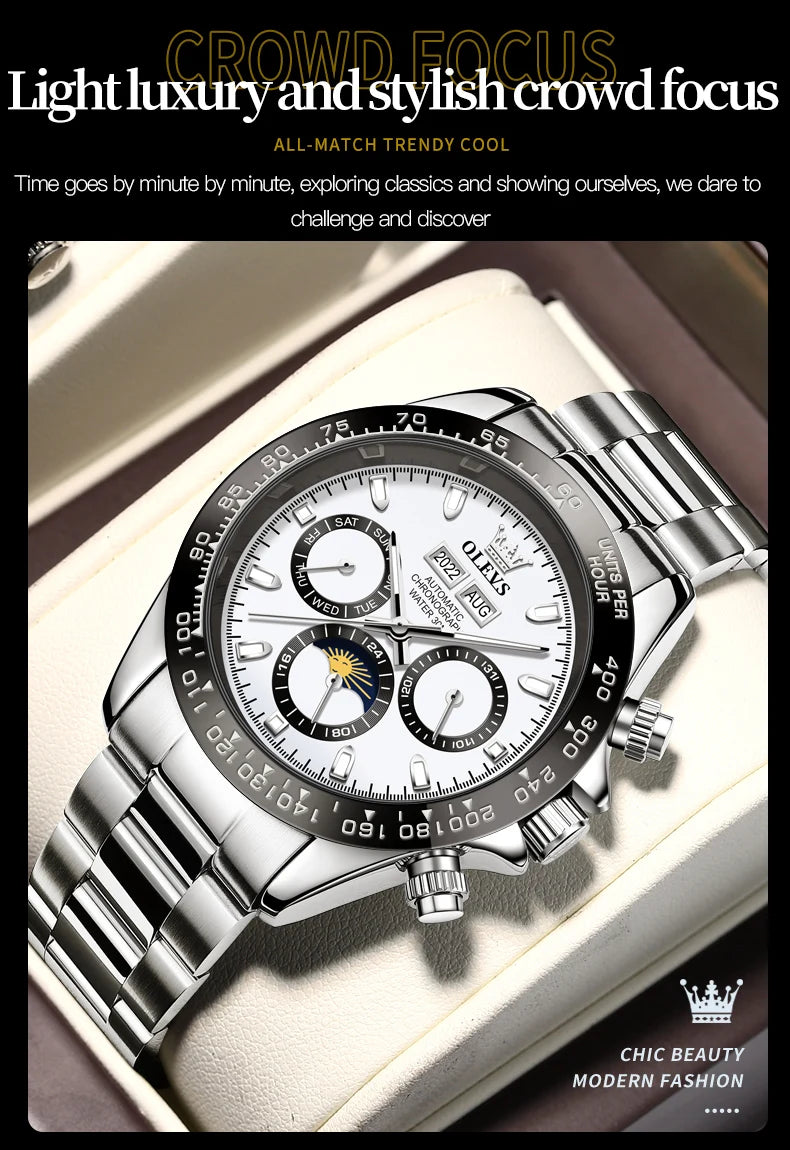 OLEVS 6654 Luxury Sports Mens Watch Original Automatic Mechanical Watch Moon Phase Calendar Week Watches For Man Gifts Reloj