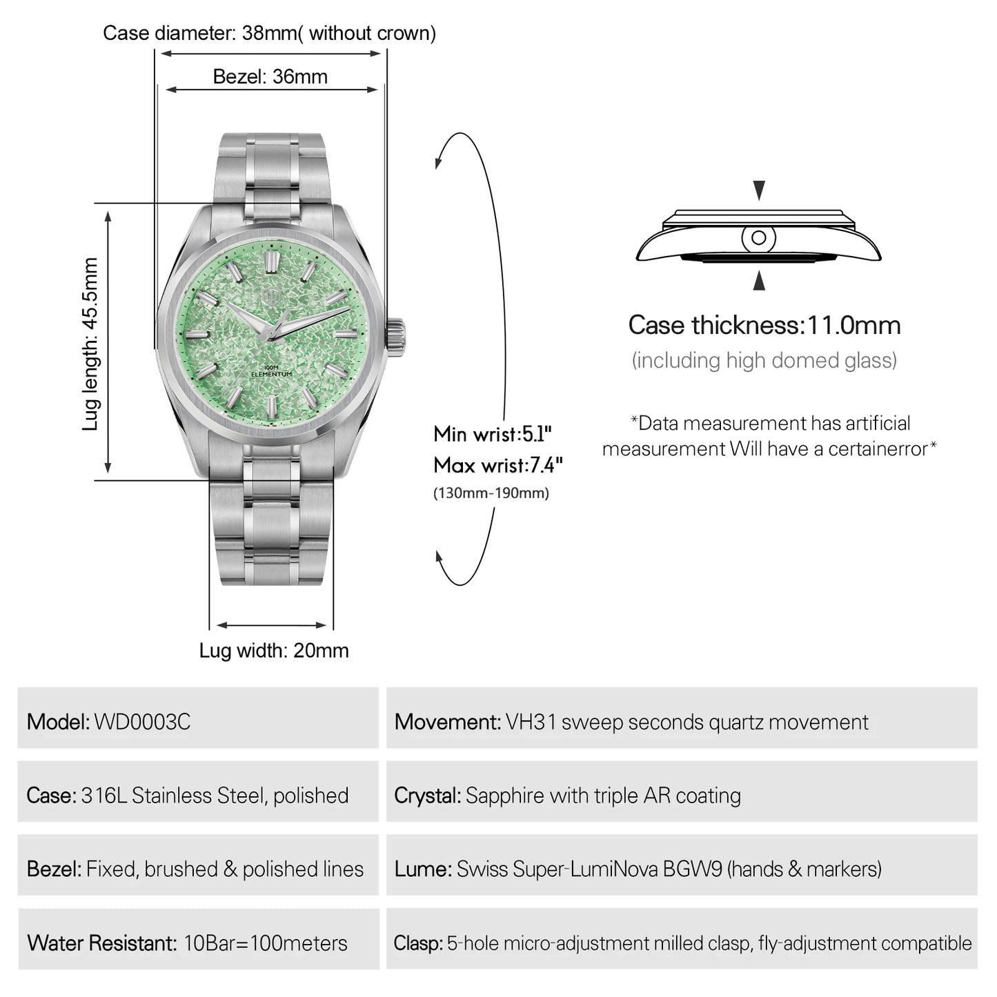Watchdives WD0003C 38mm Men Watch VH31 Sweep Seconds Quartz Movement Sapphire ice Crack Dial Luminous 10Bar Waterproof Watches