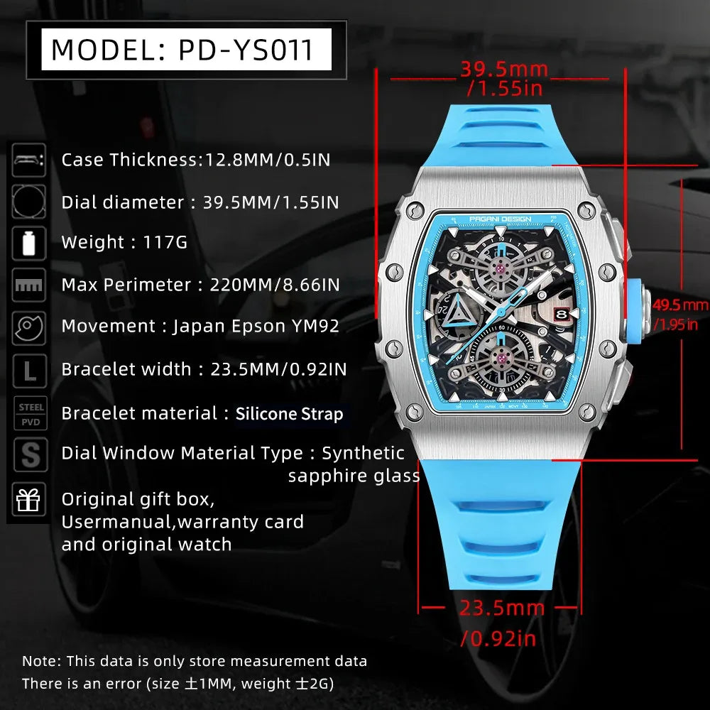 Pagani Design Men's Quartz Watches Japan Movt Skeleton Dial Waterproof Sport Rectangle Sapphire Glass Chronograph Watch For Men