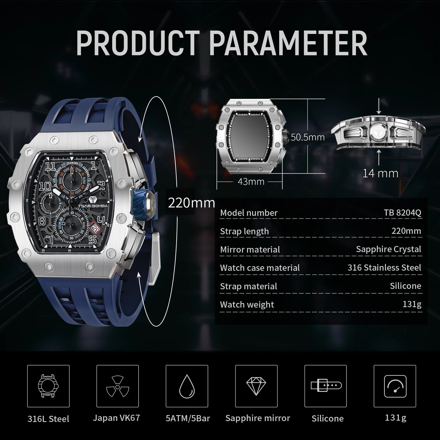 TSAR BOMBA New TB8204 Watch for Men Japan Quartz Chronograph 50M Waterproof Wristwatch Fashion Sport Clock Male Luxury Mens Gift