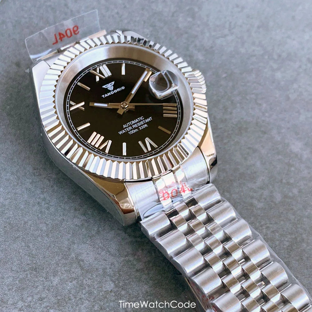 Montre automatique de luxe Tandorio Business pour homme, mouvement NH35A, cadran classique à chiffres romains, lunette cannelée, verre saphir, 36/39 mm