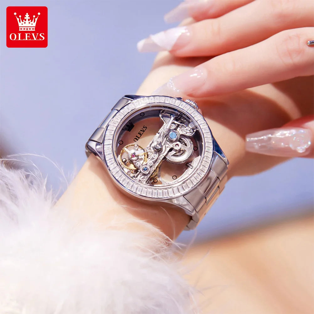 OLEVS 6699 Fully Hollow Women Mechanical Watch Luxury Flywheel Diamond bezel Brand Top Watch Women Automatic Watch Reloj Mujer