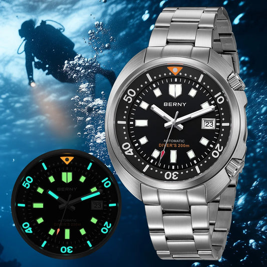 BERNY Automatic Compressor Diver Watch for Men Super Luminous Miyota 8215 Sapphire Swim Sport 20ATM Mechanical Men's Dive Watch