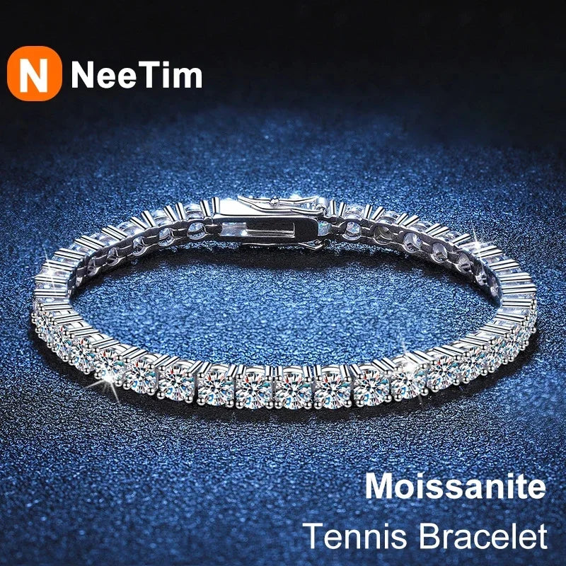 NeeTim 3mm 4mm Moissanite Tennis Bracelets 925 Sterling Silver Full Diamond with Gold Plated Bracelet Fine Jewelry for Women Men