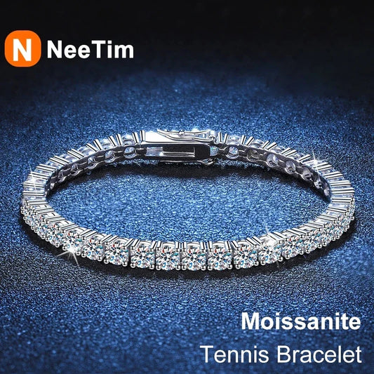 NeeTim 3mm 4mm Moissanite Tennis Bracelets 925 Sterling Silver Full Diamond with Gold Plated Bracelet Fine Jewelry for Women Men