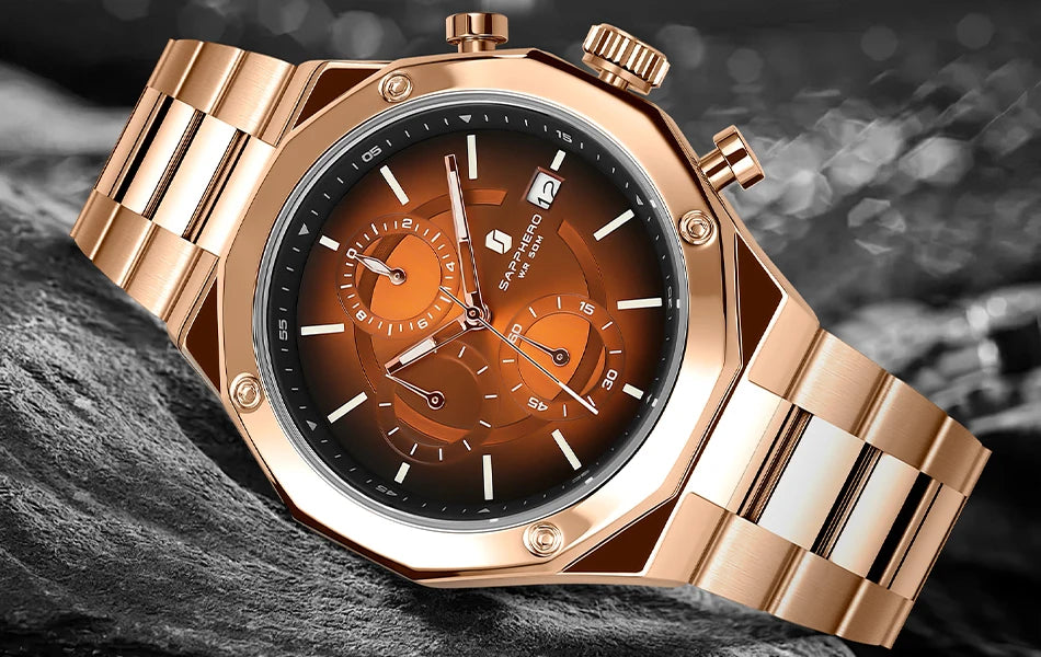 SAPPHERO Rose gold Watch Mens Watch Luxury  Stainless Steel Quartz Watch Business Waterproof Luminous Calendar Wristwatch Gift