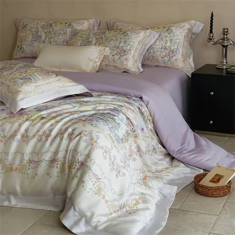Luxury 22mm Mulberry Silk Bedding Set Romantic Floral Duvet Cover Pillowcases Bed Sheet Set Luxury Bed Linen King Queen Size