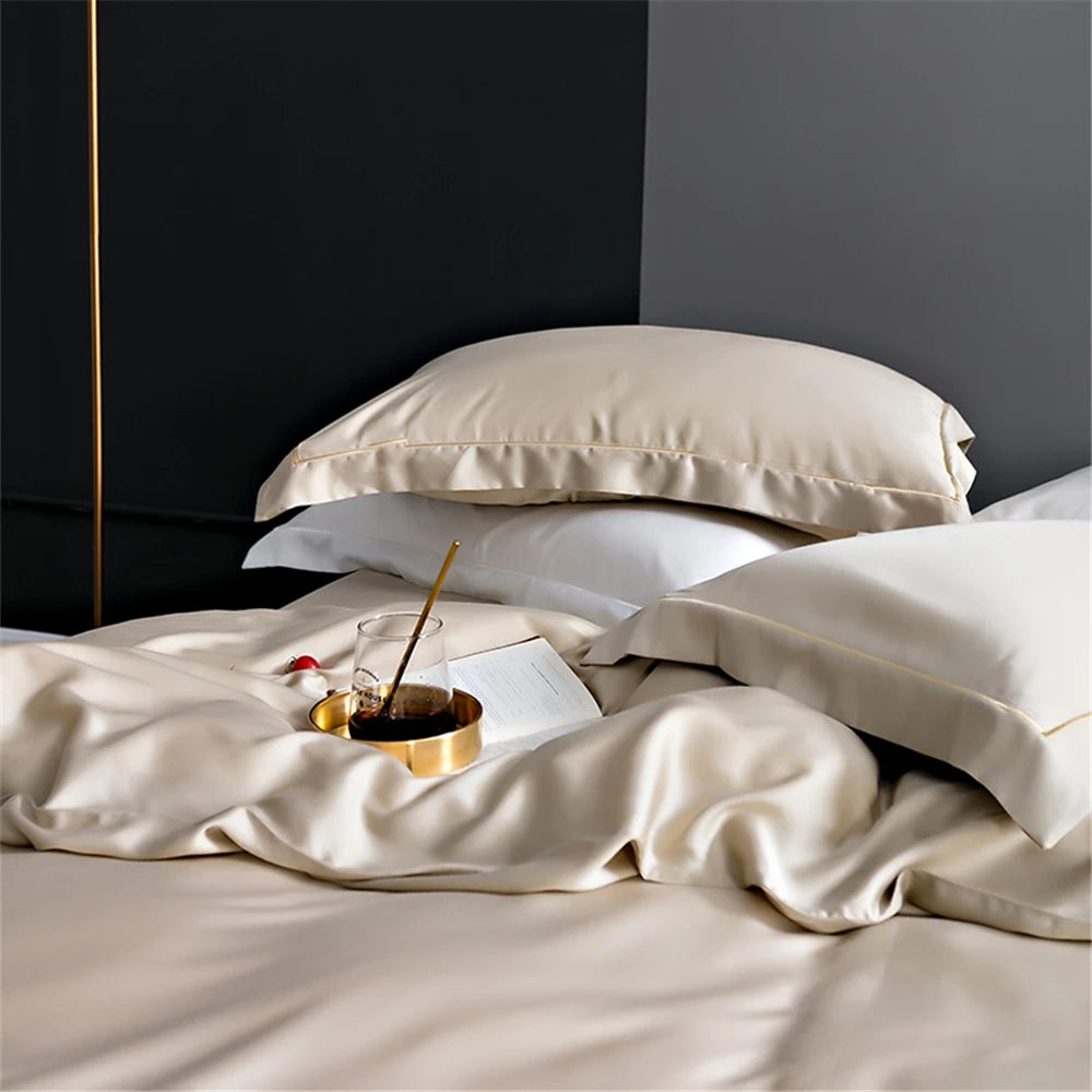 Sondeson Champagne Gold 100% Silk Bedding Set Healthy Skin Beauty Queen King Duvet Cover Set Flat Sheet Pillowcase Bed Linen Set