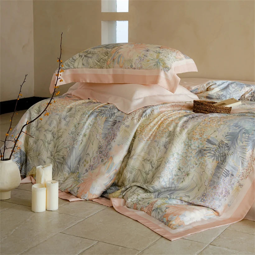 Luxury 22mm Mulberry Silk Bedding Set Romantic Floral Duvet Cover Pillowcases Bed Sheet Set Luxury Bed Linen King Queen Size