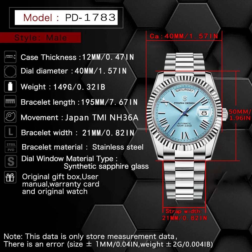 PAGANI DESIGN 2025 New Blue DD40 Luxury Automatic Watch For Men Mechanical Wristwatch Men Japan NH36A Movt Sapphire crystal