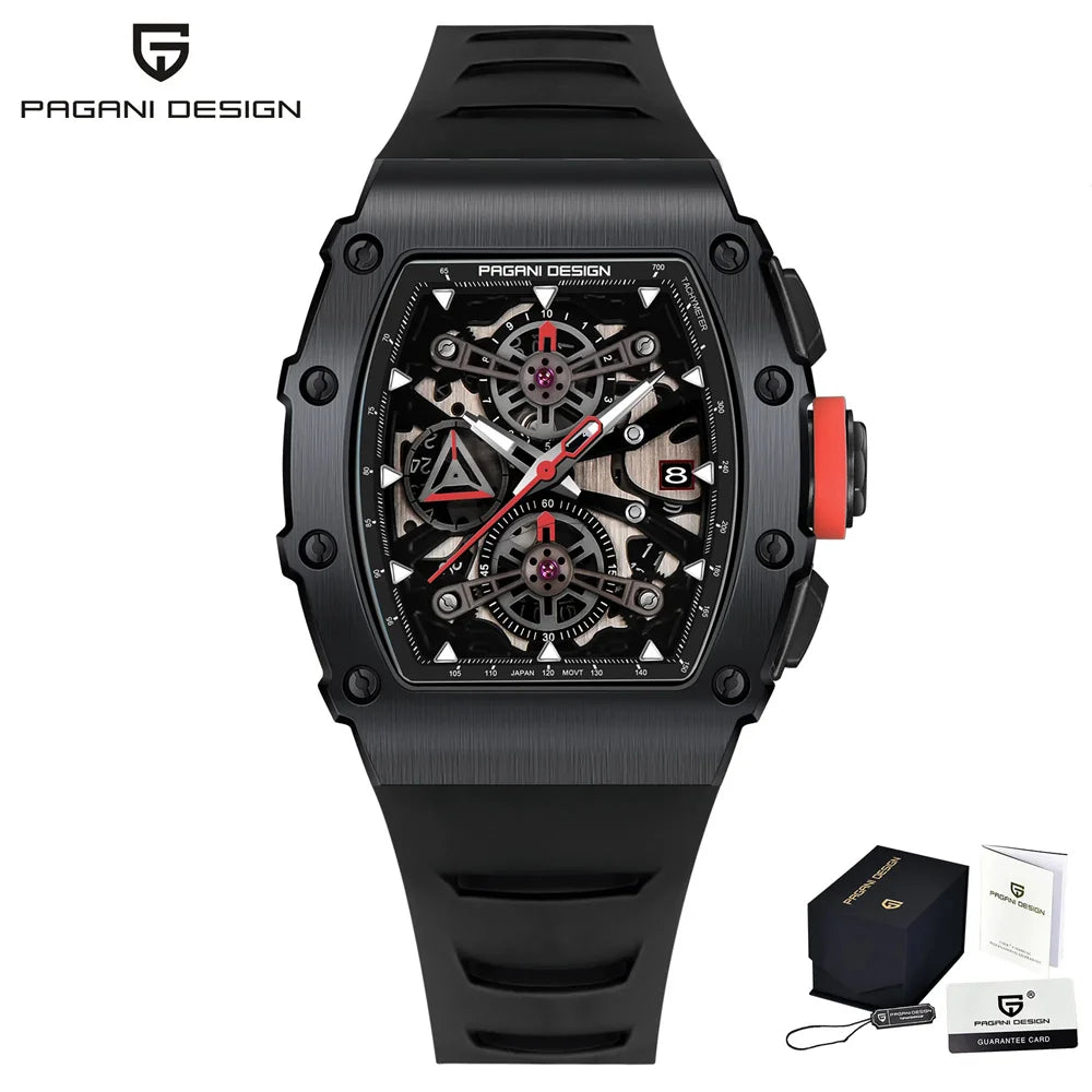Pagani Design Men's Quartz Watches Japan Movt Skeleton Dial Waterproof Sport Rectangle Sapphire Glass Chronograph Watch For Men