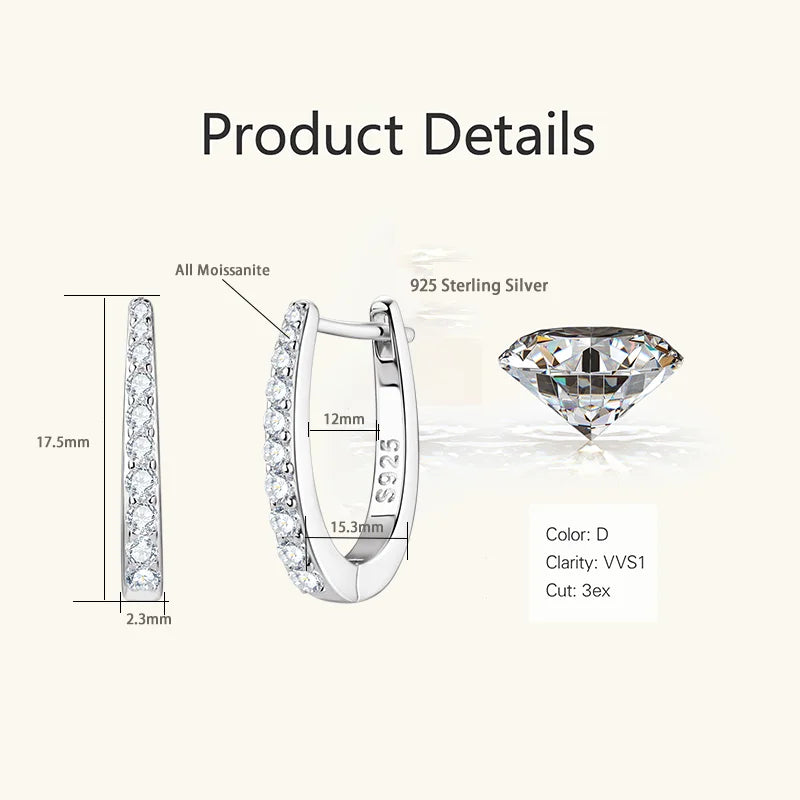 RAPRGOLD Certified Round Moissanite Hoop Earrings for Women S925 Sterling Silver U-shaped Earring Girl's Jewelry Gifts oorbellen