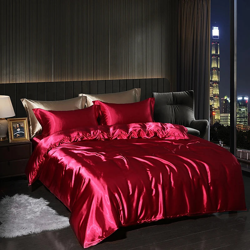 Luxury Satin  Bedding Set With Flat Sheet Duvet Cover High End Bedding Set  High Density Satin  Solid Color Bedding