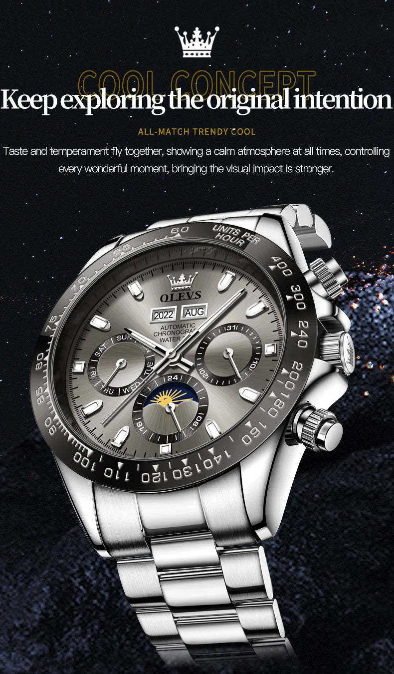 OLEVS 6654 Luxury Sports Mens Watch Original Automatic Mechanical Watch Moon Phase Calendar Week Watches For Man Gifts Reloj