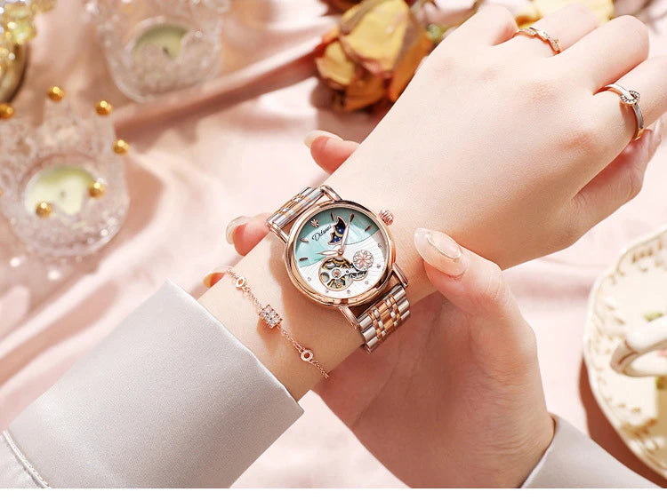 Lady Automatic Mechanical Watches Rotatable Flowers Female Watch Women Brand Luxury Fashion Moon Phase Waterproof Luminous Clock