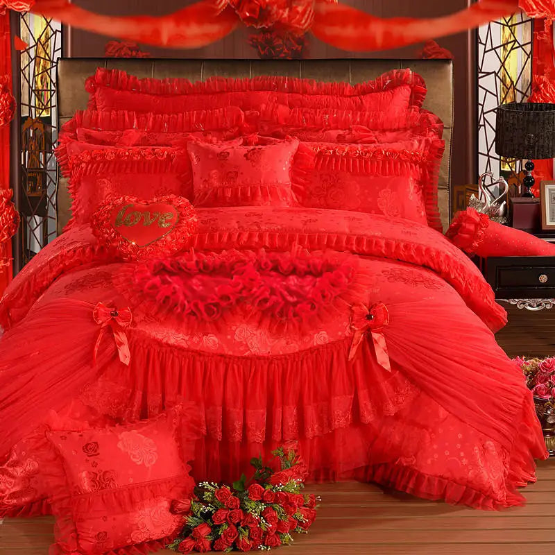 4/6/8pcs Red Pink Lace Princess Bedding Set Luxury Girls Wedding Bed Set Quilt Cover Bed Sheets Queen King Size 2025 New Design