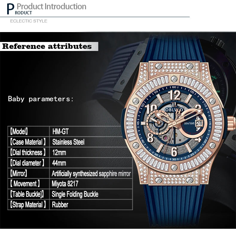 OBLVLO Men's Fashion Rose Gold 44mm Hollow-out Automatic Watch Waterproof Brown Leather Strap Mechanical Clock with Date HM-GT