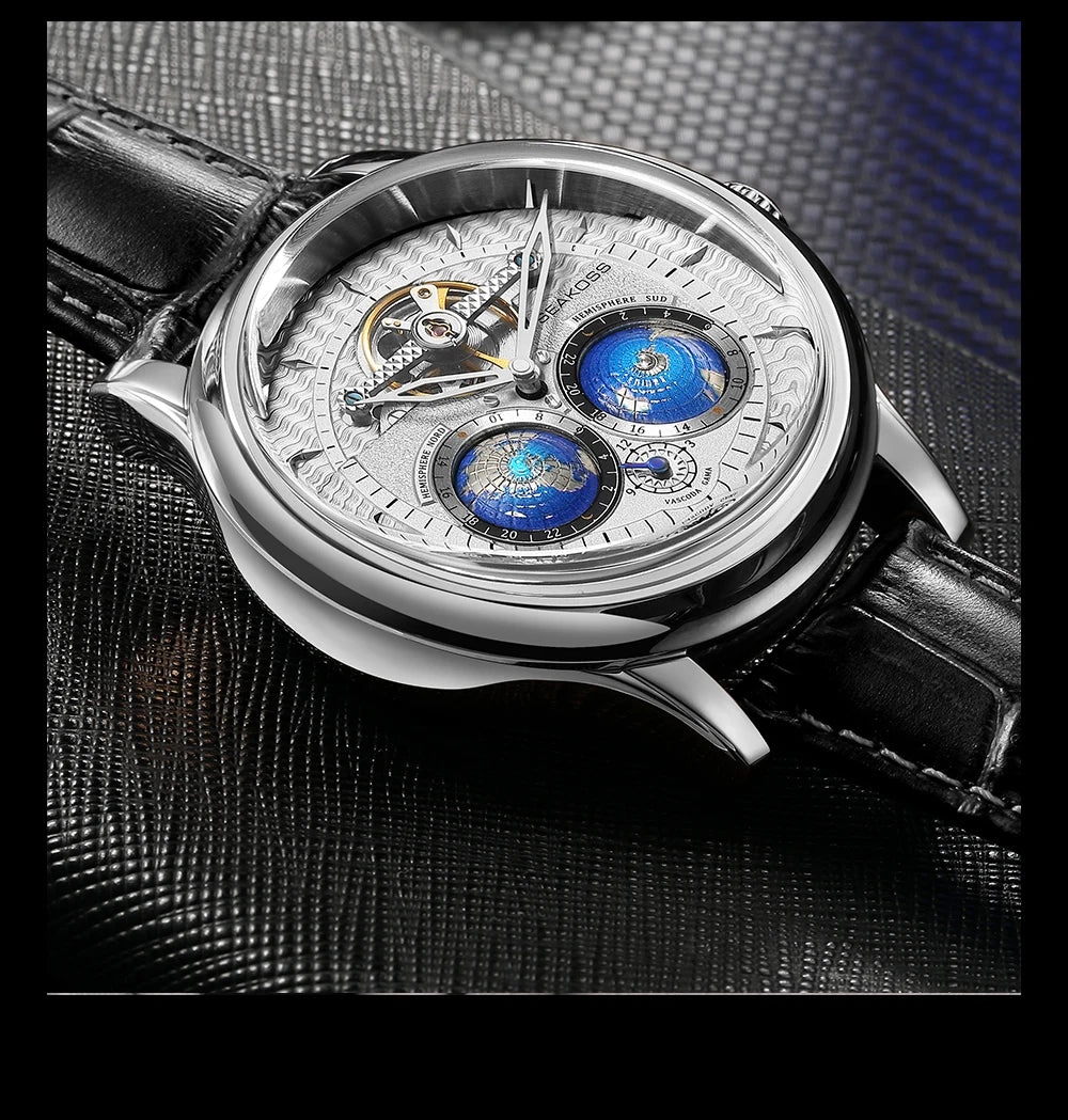 SEAKOSS Double Globe Automatic Rotating Men Mechanical Watches Earth Flywheel Device Men's Military Wristwatches 1963 Clock