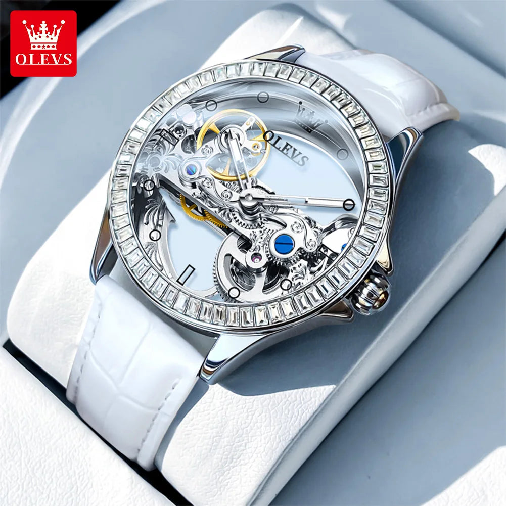 OLEVS 6699 Fully Hollow Women Mechanical Watch Luxury Flywheel Diamond bezel Brand Top Watch Women Automatic Watch Reloj Mujer