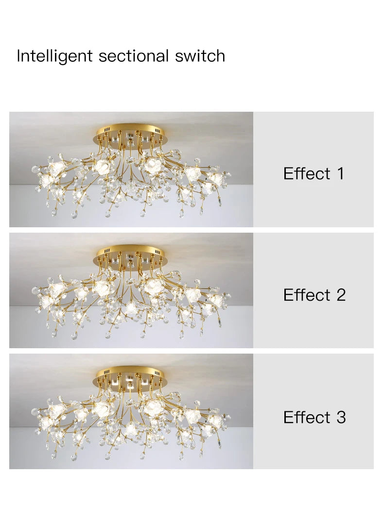 Luxury Crystal Flower Ceiling Light Gold LED Branch Tree Chandelier For Living Room Bedroom Villa Hotel Decor Bedside Wall Lamp