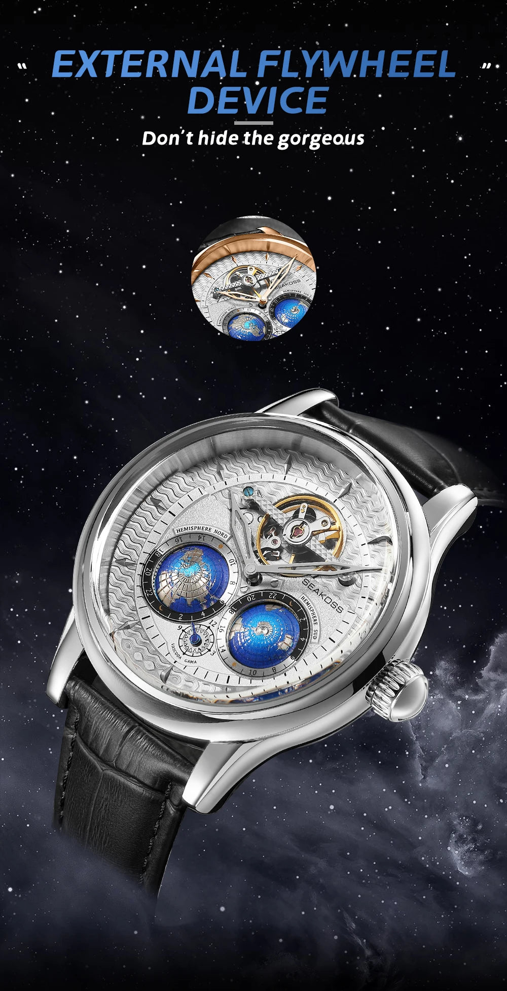 SEAKOSS Double Globe Automatic Rotating Men Mechanical Watches Earth Flywheel Device Men's Military Wristwatches 1963 Clock