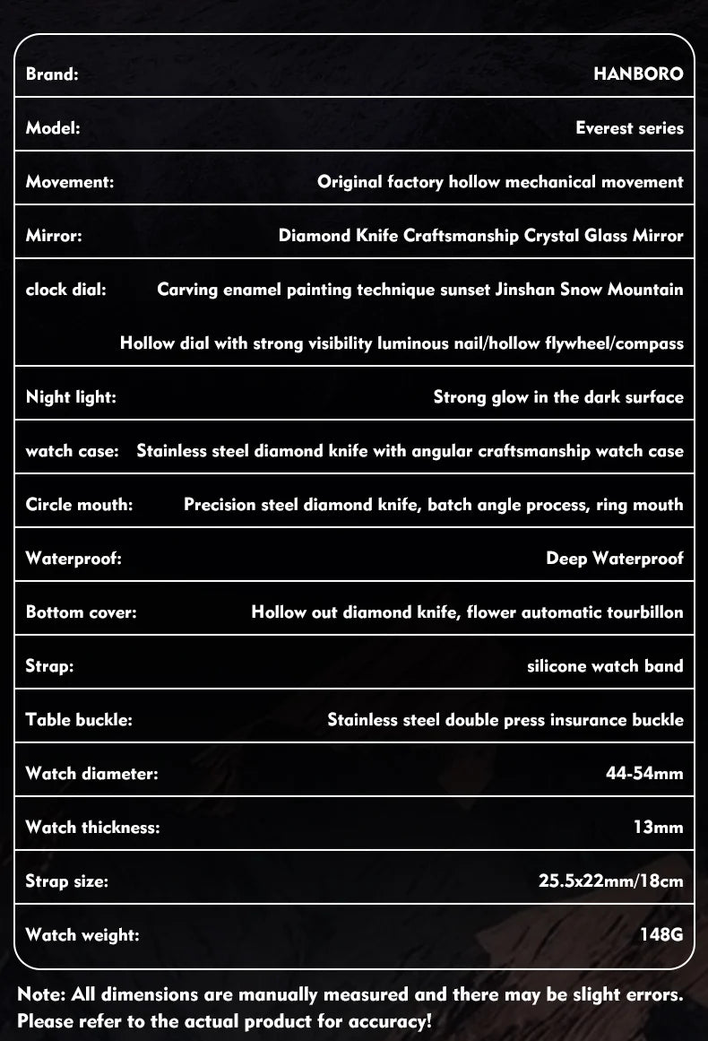 HANBORO Zhuma Mountain Peak Series Men's Fully Automatic Mechanical Watch Hollow Personalized Watch