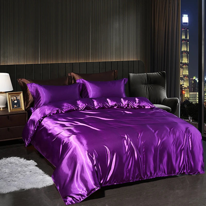 Luxury Satin  Bedding Set With Flat Sheet Duvet Cover High End Bedding Set  High Density Satin  Solid Color Bedding