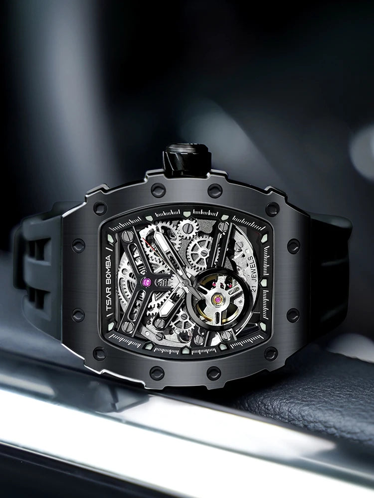 TSAR BOMBA Automatic Watch for Men Waterproof Watch Tonneau Stainless steel Mechanical Wristwatch Silicone Strap Luxury Gift