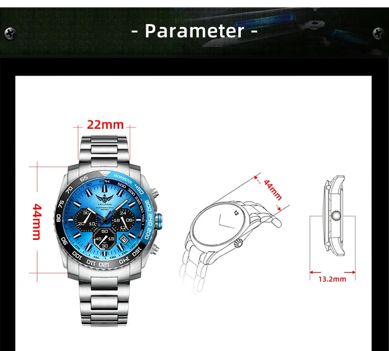 Yelang Watch 44mm V1215 Men Sports Watch Japan Eco-Drive VR42 Solar Diving Watch 100m Waterproof 10Bar Luminous watches for men