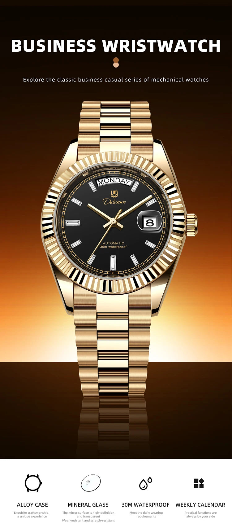 Dulunwe Datejusts Mechanical  Movement Watches For Men Automatic Mechanical Watches Calendar Waterproof Men Watch