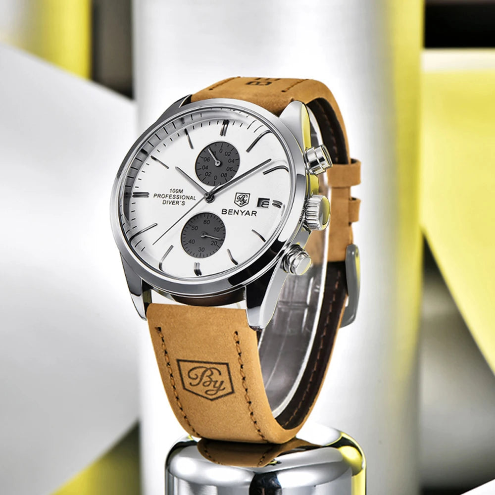 BENYAR Men Quartz Wristwatches Luxury Brand Chronograph Leather Sports Watch For Men Military 100M Waterproof Reloj Hombre 2023