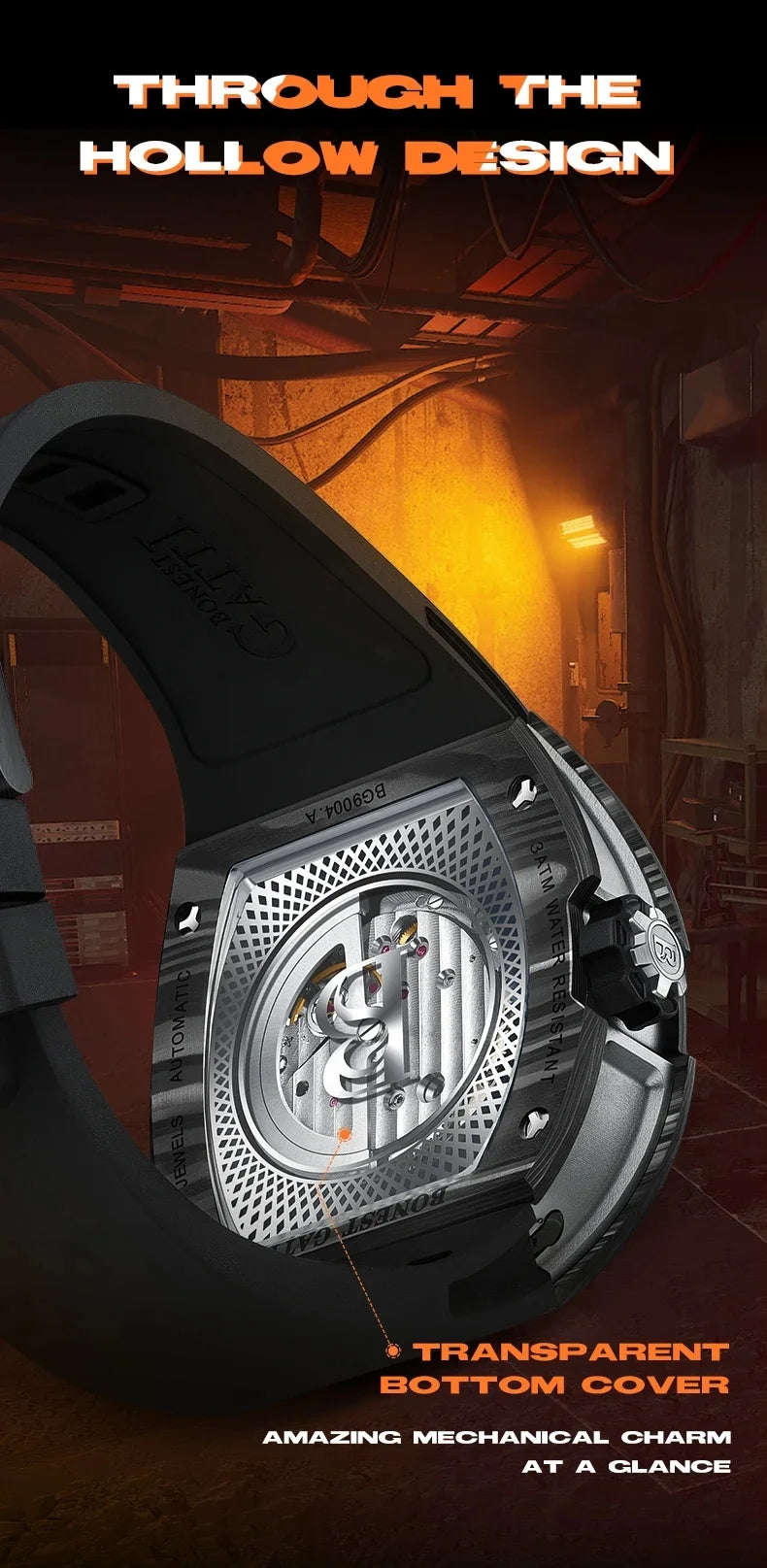 BONEST GATTI Men Automatic Movement Mechanical Watch Carbon Fiber Bezel Tonneau Luminous Case Fluororubber Strap Watches For Men