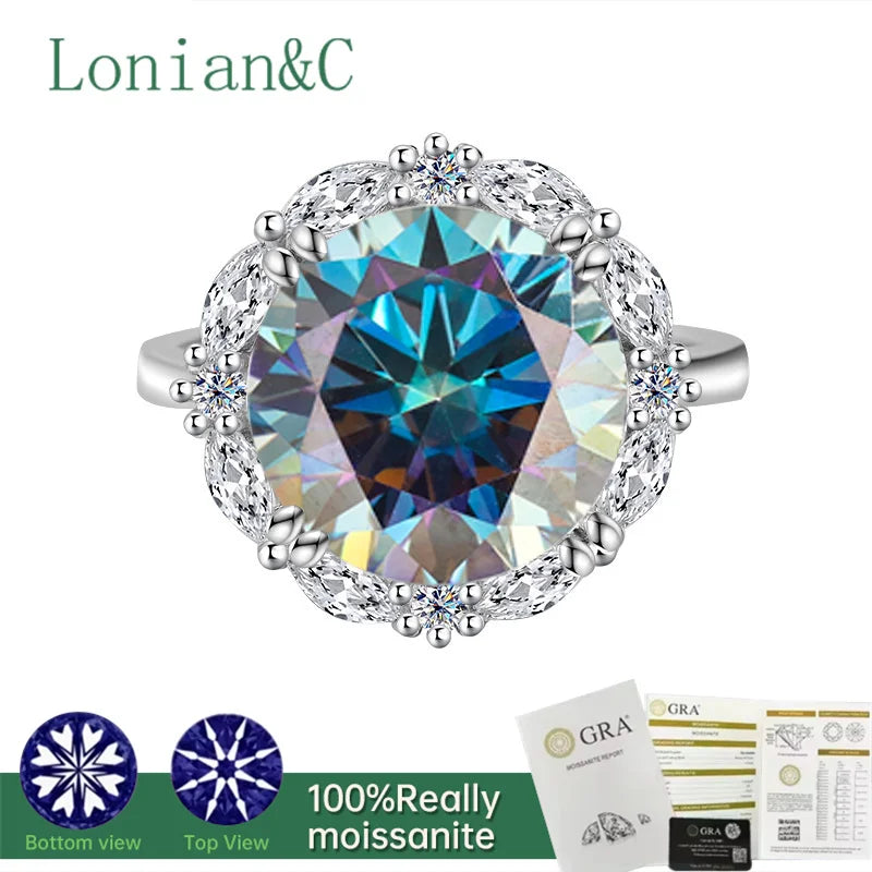 Lonian&C 5 Carat Luxury Moissanite Ring D Color 11mm Lab Diamond 925 Sterling Silver Wedding Promise Rings for Women Jewelry