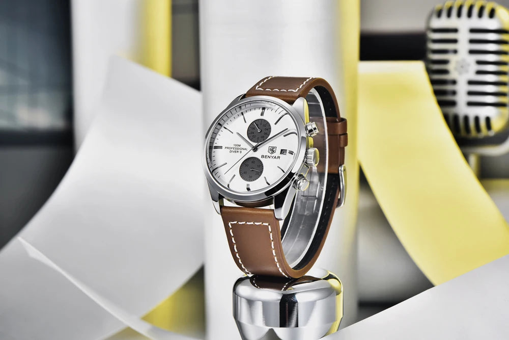 BENYAR Men Quartz Wristwatches Luxury Brand Chronograph Leather Sports Watch For Men Military 100M Waterproof Reloj Hombre 2023