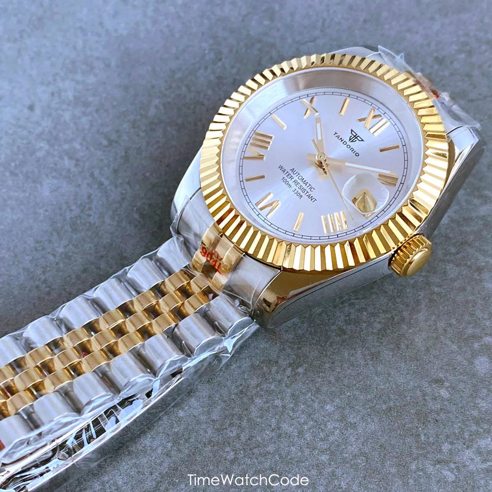 Montre automatique de luxe Tandorio Business pour homme, mouvement NH35A, cadran classique à chiffres romains, lunette cannelée, verre saphir, 36/39 mm