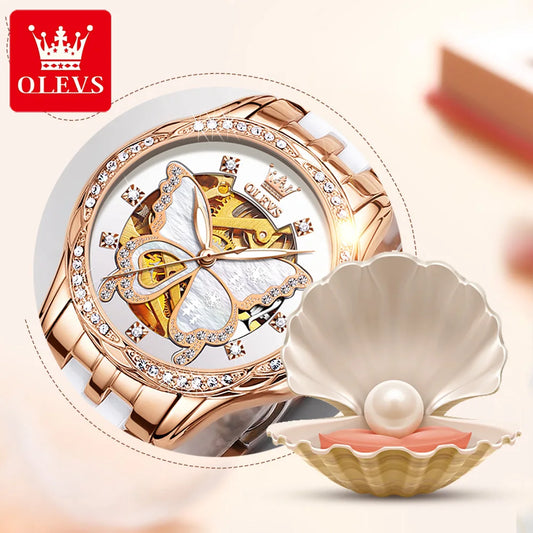 OLEVS 6622 Luxury Women All Automatic Mechanical Watch HD Waterproof Elegant Butterfly Diamond Women Fashion Bracelet Set Watch