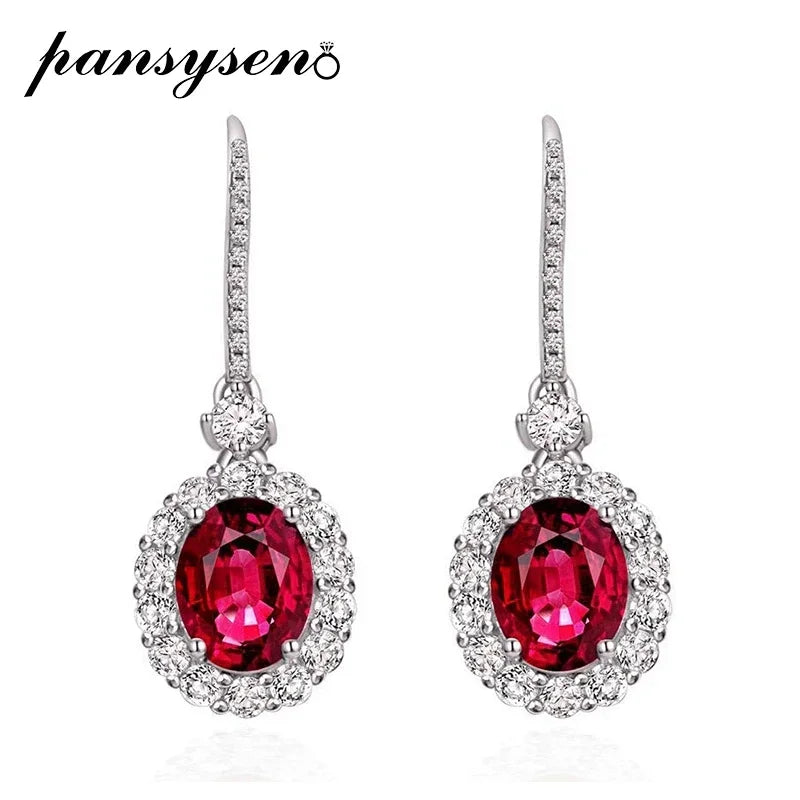 PANSYSEN Vintage 925 Sterling Silver 7x9MM Oval Cut Ruby Sapphire Dangle Drop Earrings for Women Wedding Jewelry Earring Gifts