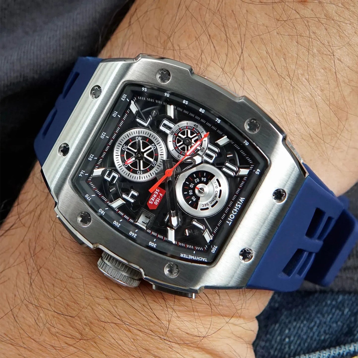 WISHDOIT NH35 Men's Chronograph Luxury Tonneau Design Features with Calendar Date Glowing 50m Depth Waterproof FKM Rubber Strap