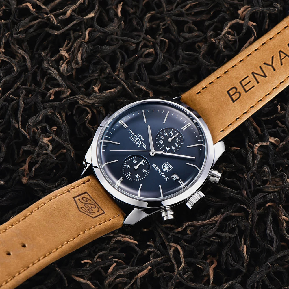 BENYAR Men Quartz Wristwatches Luxury Brand Chronograph Leather Sports Watch For Men Military 100M Waterproof Reloj Hombre 2023