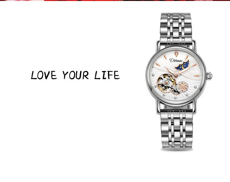 Fashion Brand Women Automatic Mechanical Watches Diamond Wristwatch Ladies Moon Plate Business Dress Waterproof Luminous Clock