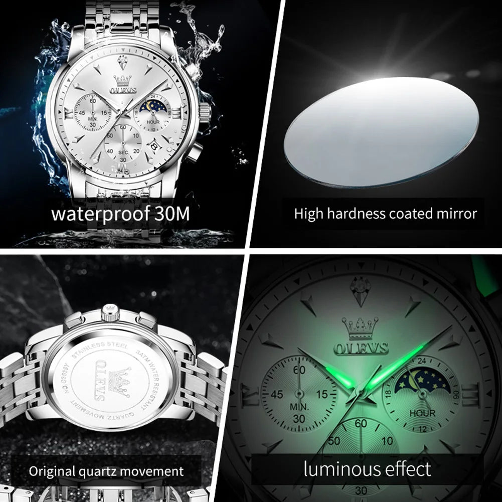OLEVS 3639 Top Brand Original Luxury New Quartz Watch Stainless Steel Watch For Men Waterproof Luminous Moon Phase Mens Watch