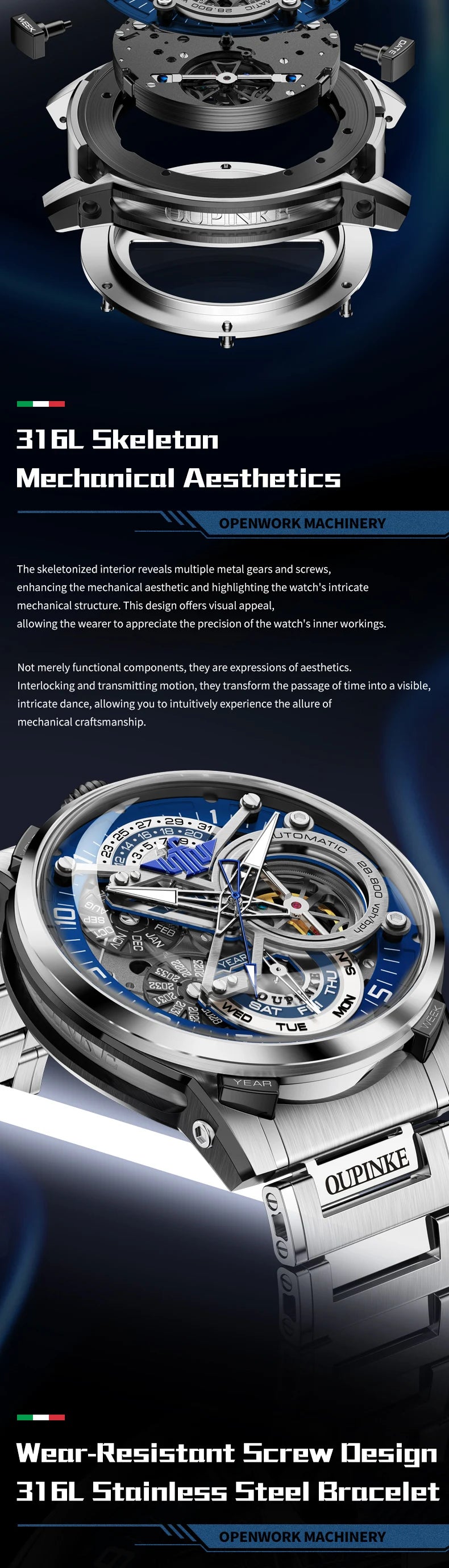 OUPINKE 3278 Herrenuhr, Luxus-Automatikuhr mit Schwungrad, Skelett-Uhrwerk, 50 m wasserdicht, Edelstahl 316L