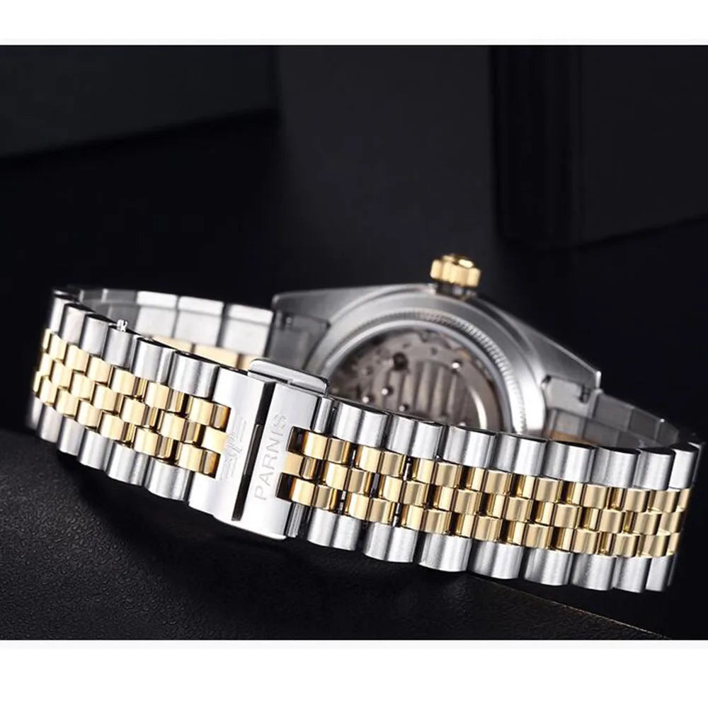 Parnis 36mm Gold Color Luminous Mark Automatic Men's Wristwatch 5 ATM Stainless Steel Jubilee Bracelet