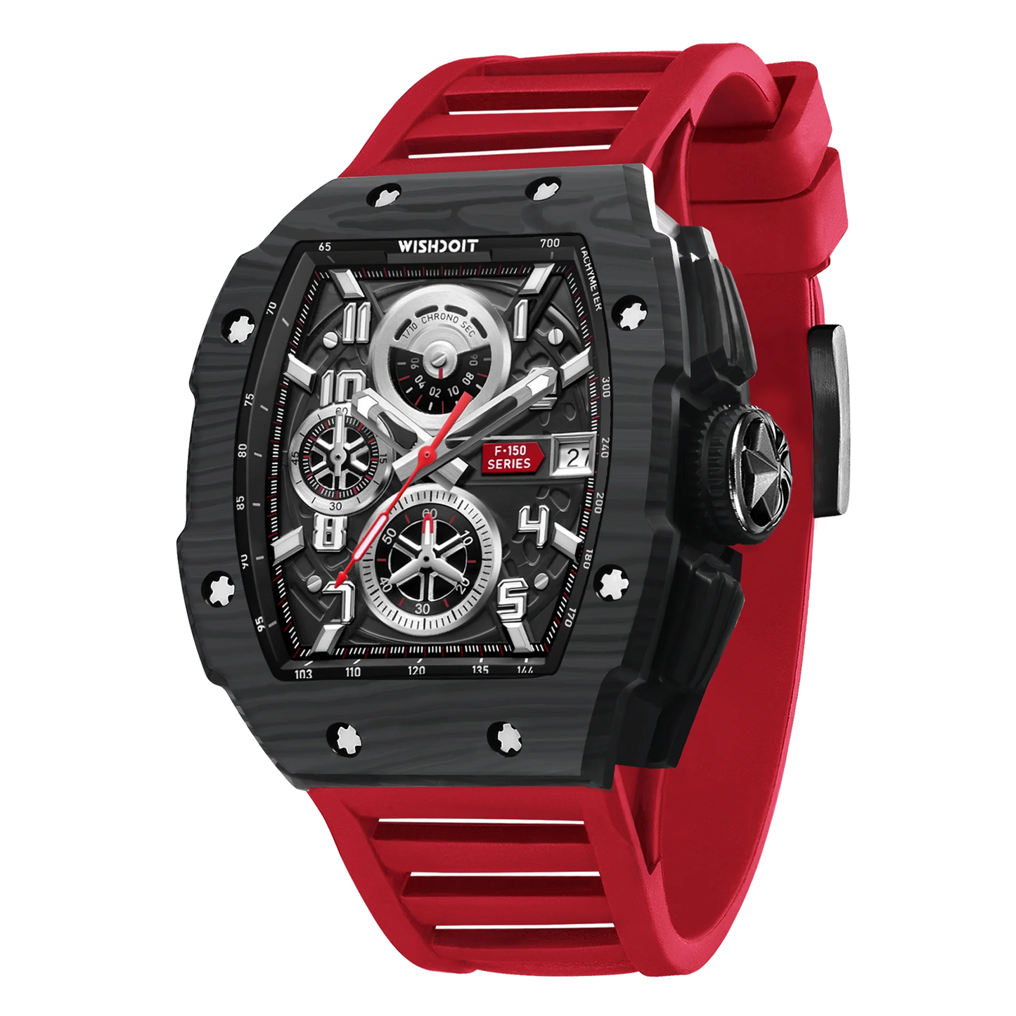 WISHDOIT NH35 Men's Chronograph Luxury Tonneau Design Features with Calendar Date Glowing 50m Depth Waterproof FKM Rubber Strap