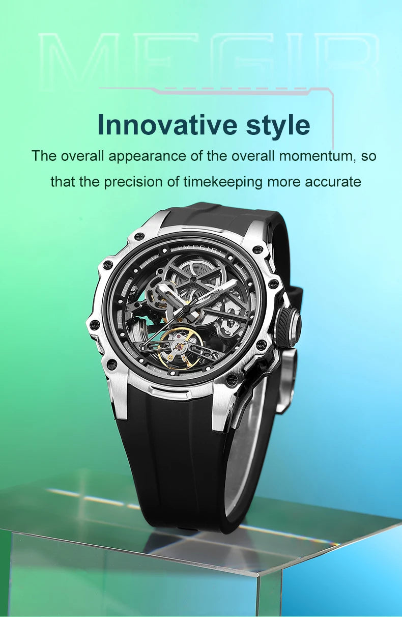 MEGIR Skeleton Dial Automatic Mechanical Watch Men Stainless Steel Case Waterproof Luminous Sport Wristwatch with Silicone Strap
