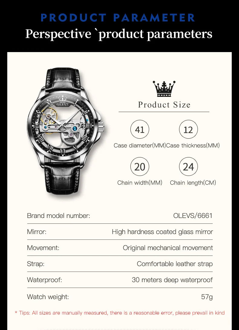 OLEVS Trend Fashion Men's Watches Casual Leather Strap Hollow Out Self-winding Movement Original Automatic Mechanical Wristwatch