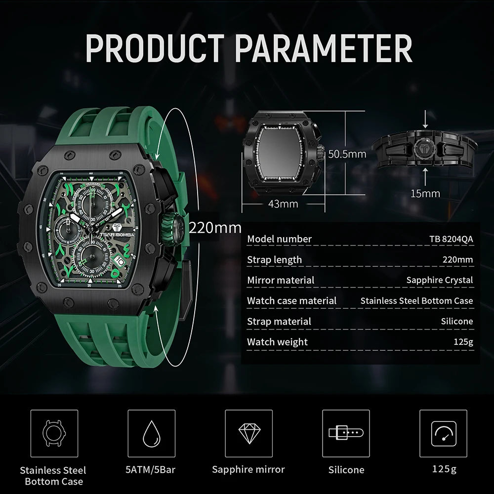 TSAR BOMBA 2025 New Mens Watch TB-8204QA Arabic numerals Dial Tonneau Wristwatch for Men Sapphire Mirror Waterproof Clcok